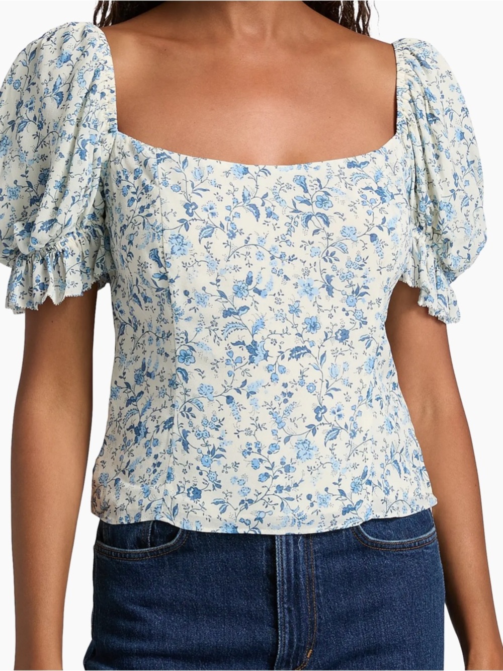 Reformation Blue Floral Puff-Sleeve Square-Neck Blouse